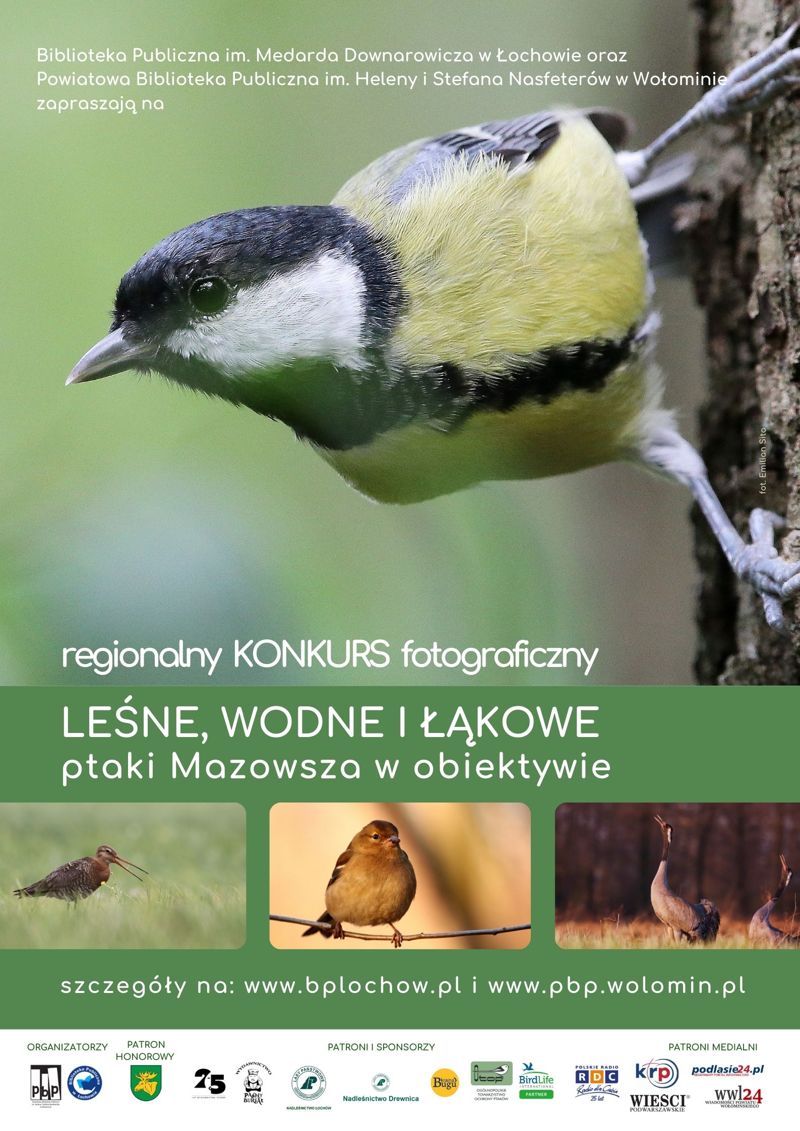 Plakt konkursu fotograficznego - Leśne wodne i ląkowe - ptaki Mazowsza w obiektywie
