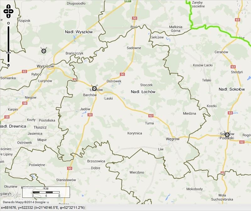 Mapka zasięgu terytorialnego Nadleśnictwa Łochów